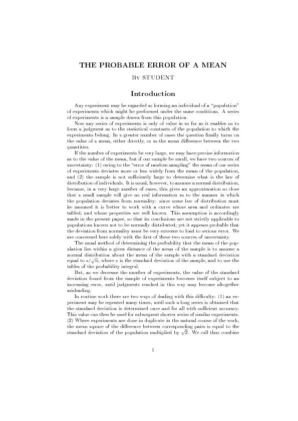 THEPROBABLEERROROFAMEANBySTUDENTIntroductionAnyexperimentmayheregarded