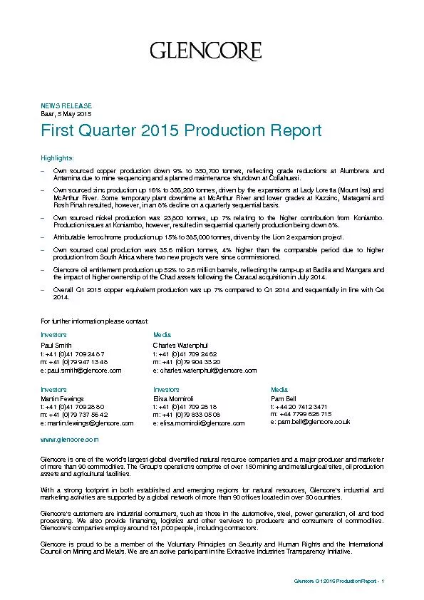 Glencore Q1 2015 Production Report