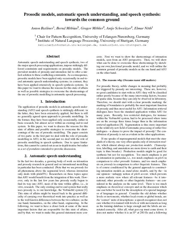 Prosodicmodels,automaticspeechunderstanding,andspeechsynthesis:towards