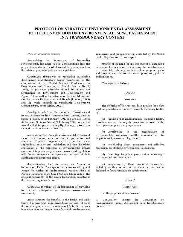 PROTOCOL ON STRATEGIC ENVIRONMENTAL ASSESSMENT TO THE CONVENTION ON EN