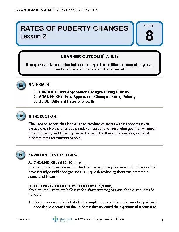 GRADE 8RATES OF PUBERTYCHANGESLESSON 2
