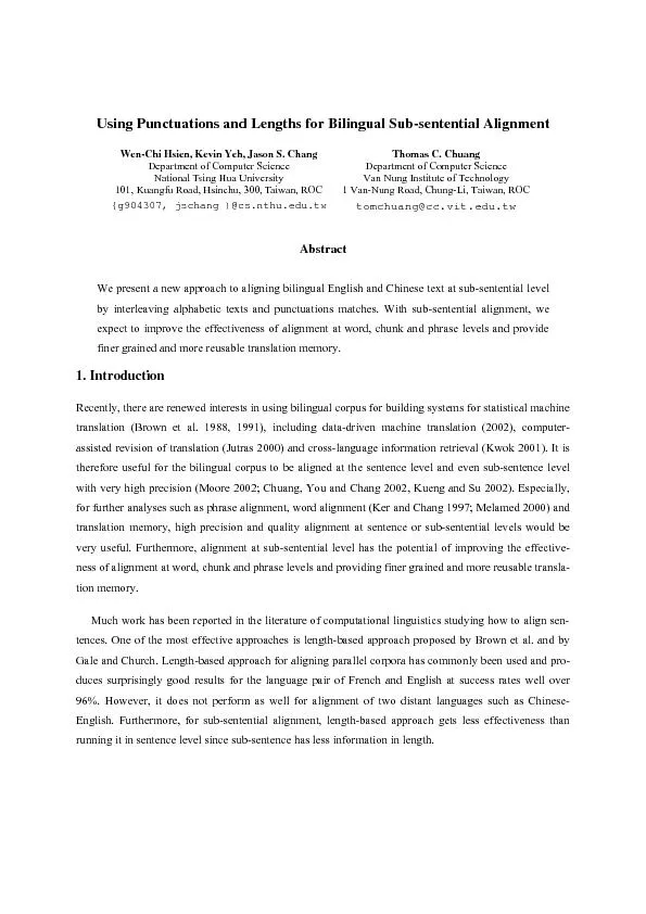 Lengths for Bilingual Sub-sentential AlignmentWen-Chi Hsien, Kevin Yeh