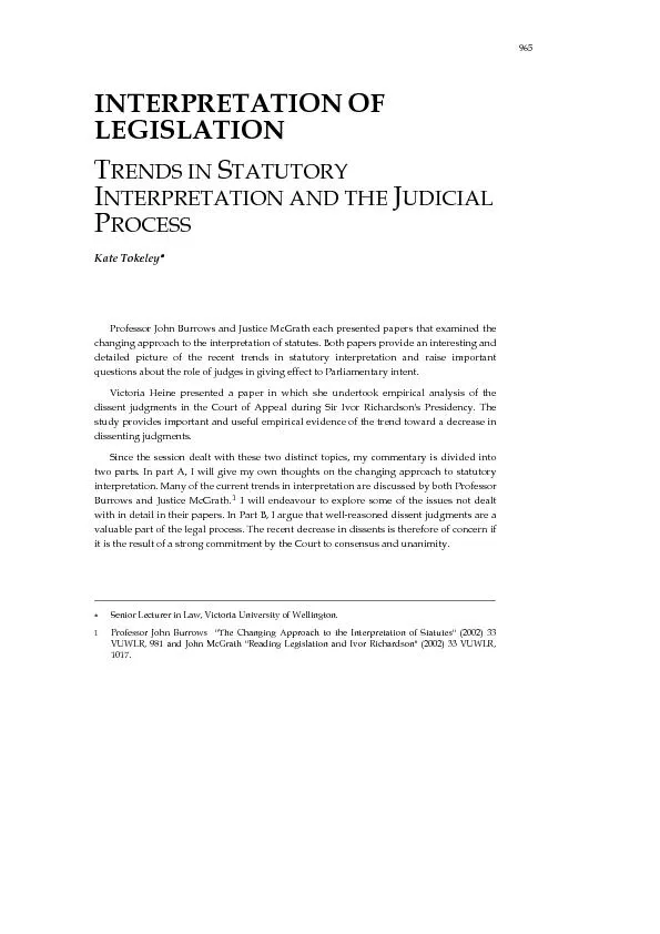 RENDS IN NTERPRETATION AND THE Kate TokeleyProfessor John Burrows and
