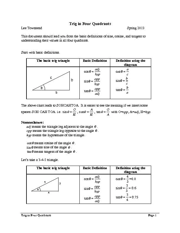 Trig in Four Quadrants Lee Townsend         Spring 2013  This document