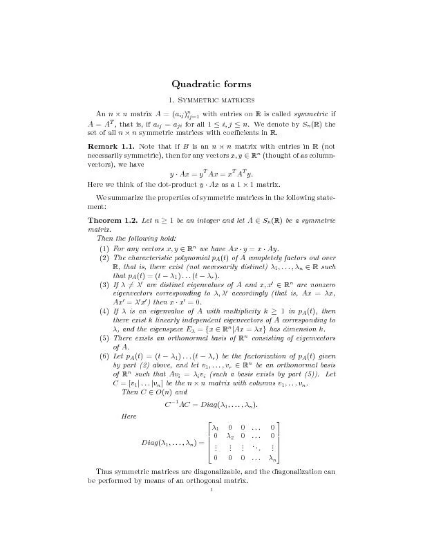 22.QuadraticformsDenition2.1(Quadraticform).LetVbeavectorspaceoverRof