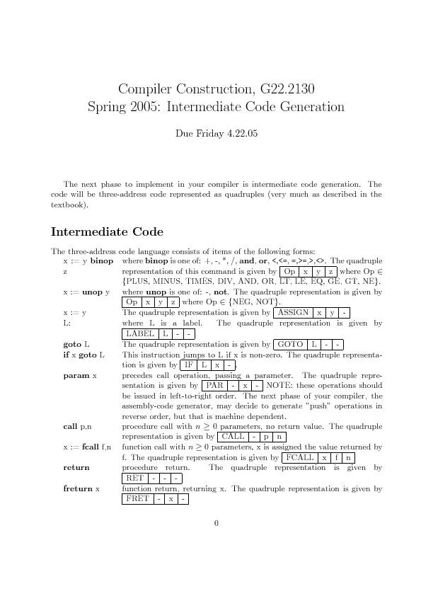 CompilerConstruction,G22.2130Spring2005:IntermediateCodeGenerationDueF