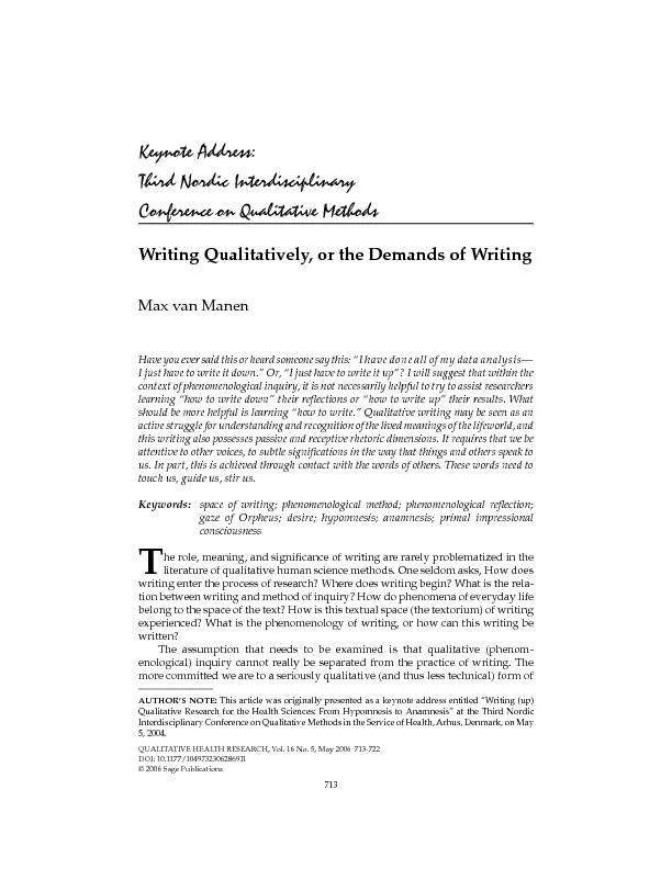 QUALITATIVE HEALTH RESEARCH / May 2006van Manen / WRITING QUALITATIVEL