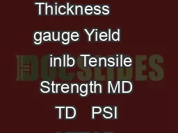 Property Value Unit Test Method Physical Properties Thickness       gauge Yield       inlb Tensile Strength MD TD   PSI ASTM D  Elongation MD TD   ASTM D  COF Static Dynamic
