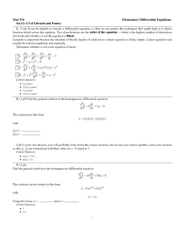 4.(1pt)Findthegeneralsolutiontothehomogeneousdifferentialequationd2y
.