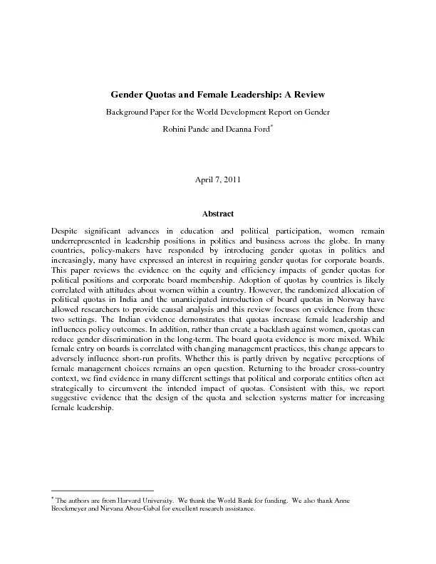 Gender Quotas and Female Leadership: A ReviewBackground Paper for the