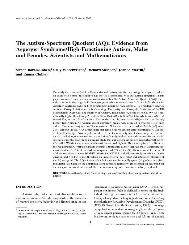 The Autism-Spectrum Quotient (AQ):Evidence fromAsperger Syndrome/High-