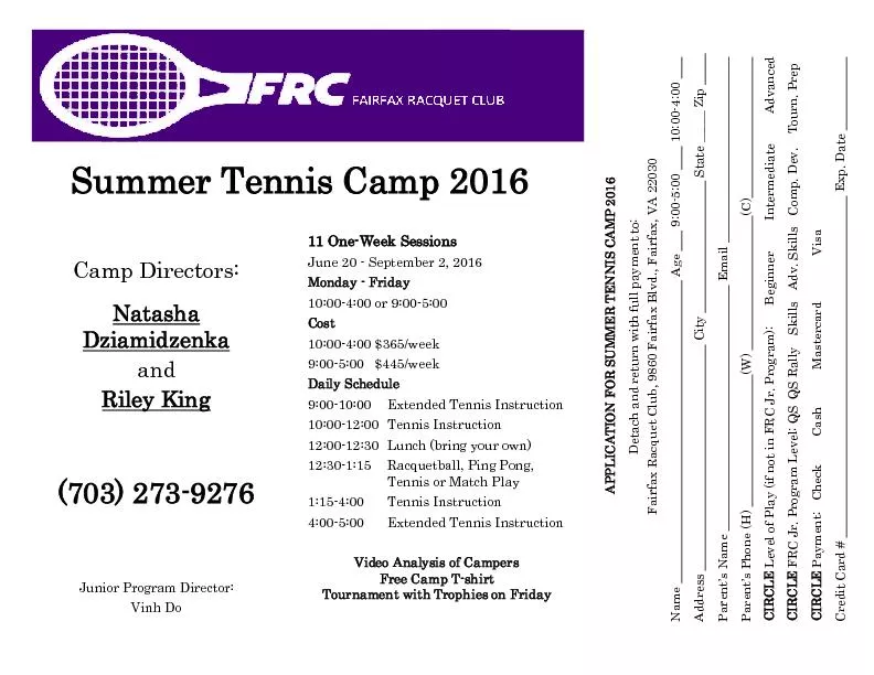 APPLICATION FOR SUMMER TENNIS CAMP 2016