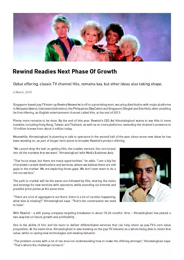 Rewind Readies Next Phase Of GrowthDebut oering, classic TV channel H