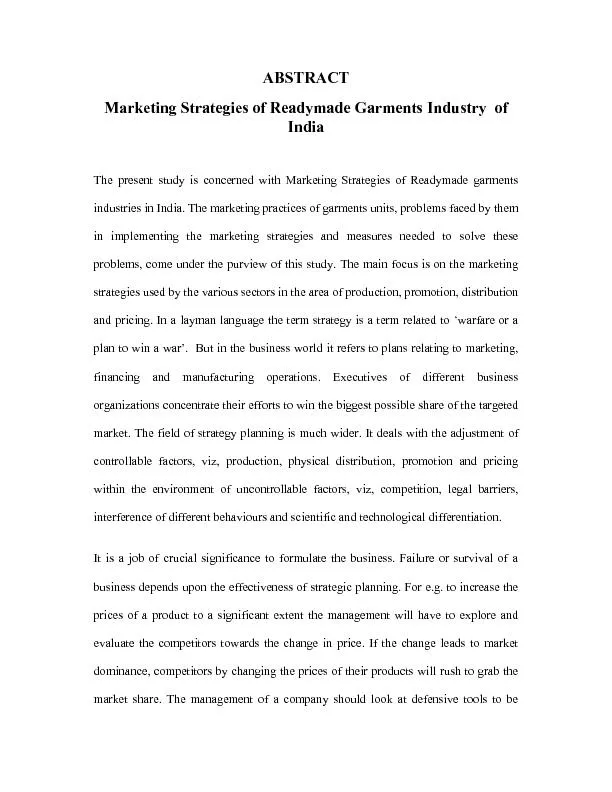 Marketing Strategies of Readymade Garments Industry  of India The pres