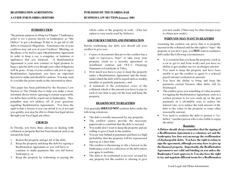 REAFFIRMATION AGREEMENTS:  PUBLISHED BY THE FLORIDA BARA GUIDE FOR FLO