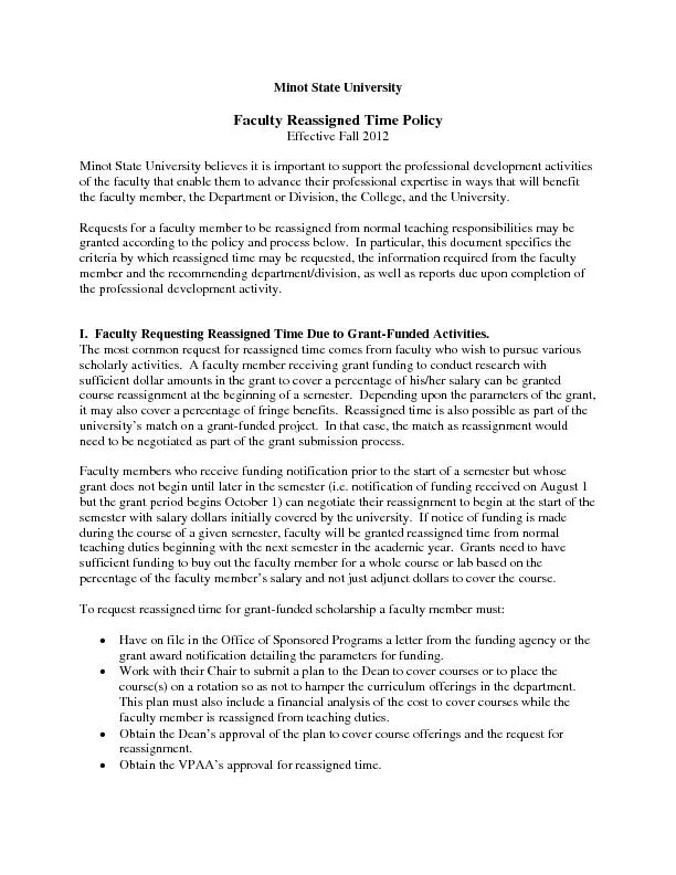 Minot State University Faculty Reassigned Time Policy ofessional devel