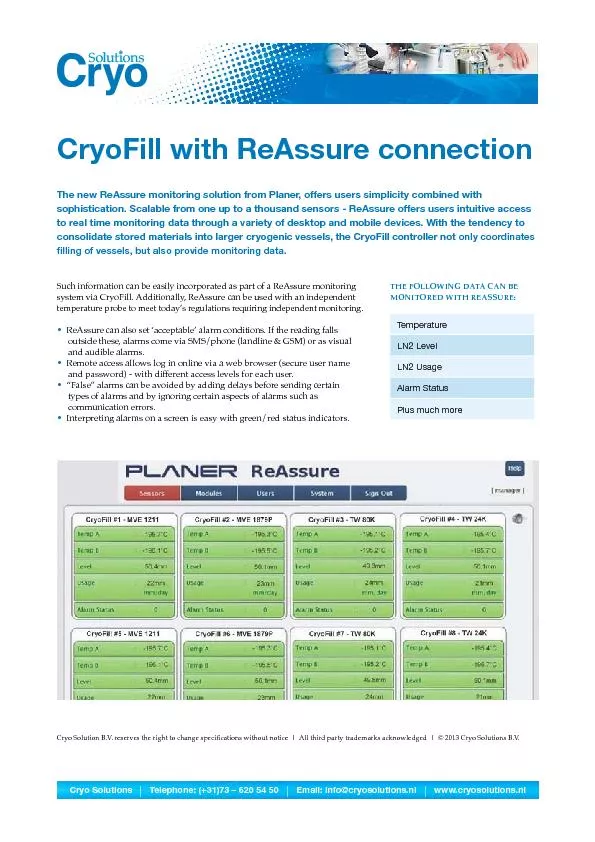 CryoFill with ReAssure connection