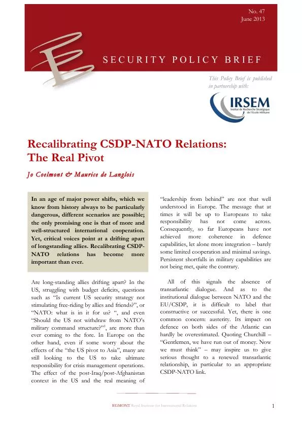 Recalibrating CSDP-NATO Relations:  The Real Pivot  J