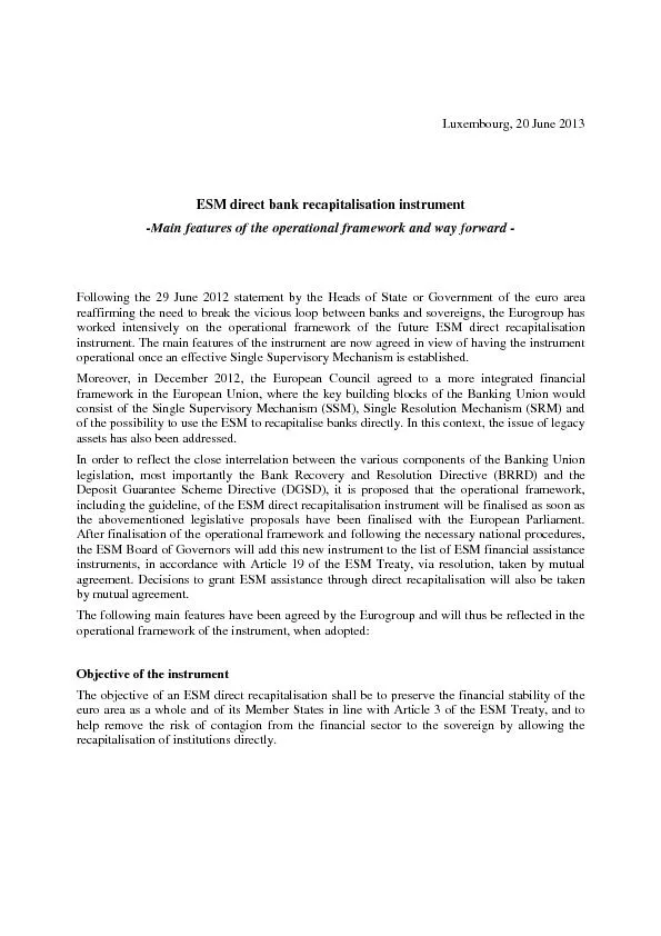 Luxembourg, 20 June 2013 ESM direct bank recapitalisation instrument -