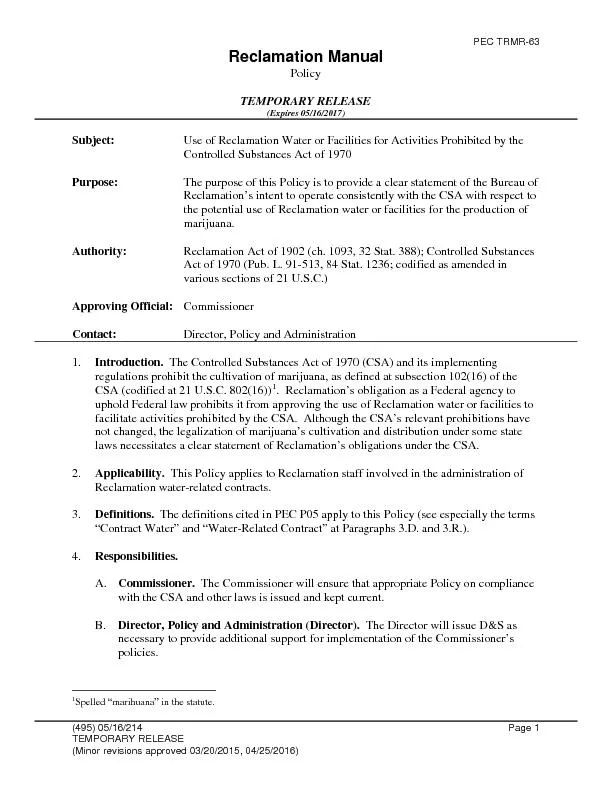 TRMRReclamation ManualPolicyTEMPORARY RELEASE(Expires 05/16/201
...