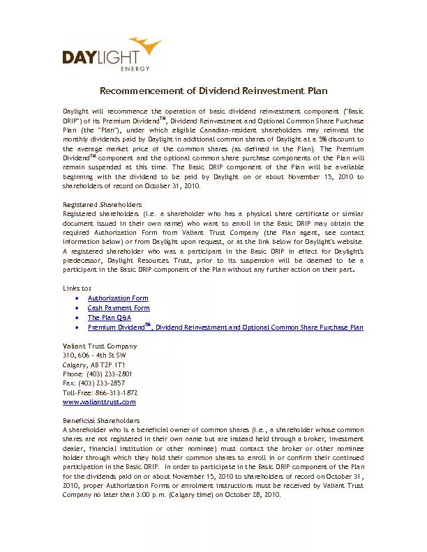 Recommencement of Dividend Reinvestment Plan