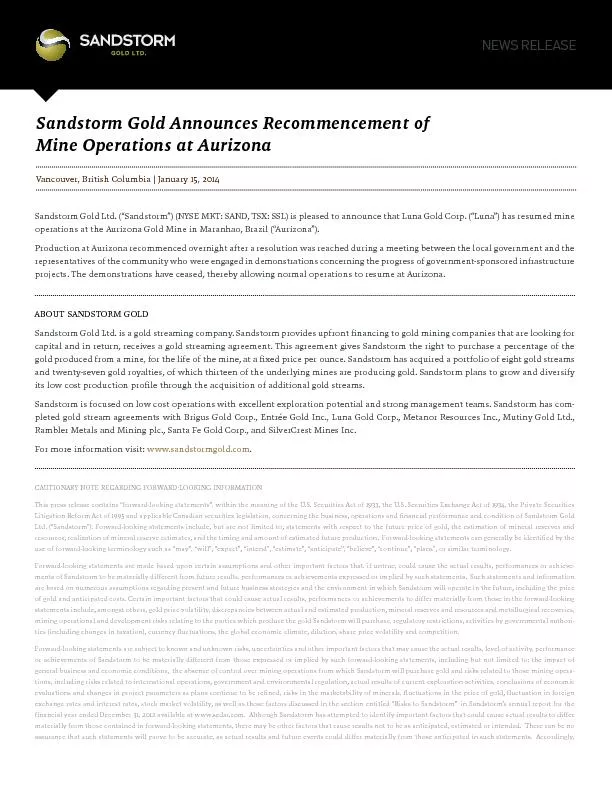 Sandstorm Gold Announces Recommencement of Mine Operations at Aurizona