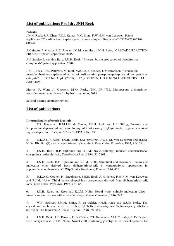 List of publications   International (refereed) journals 1. P.R. Hagem