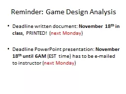 Reminder: Game Design Analysis
