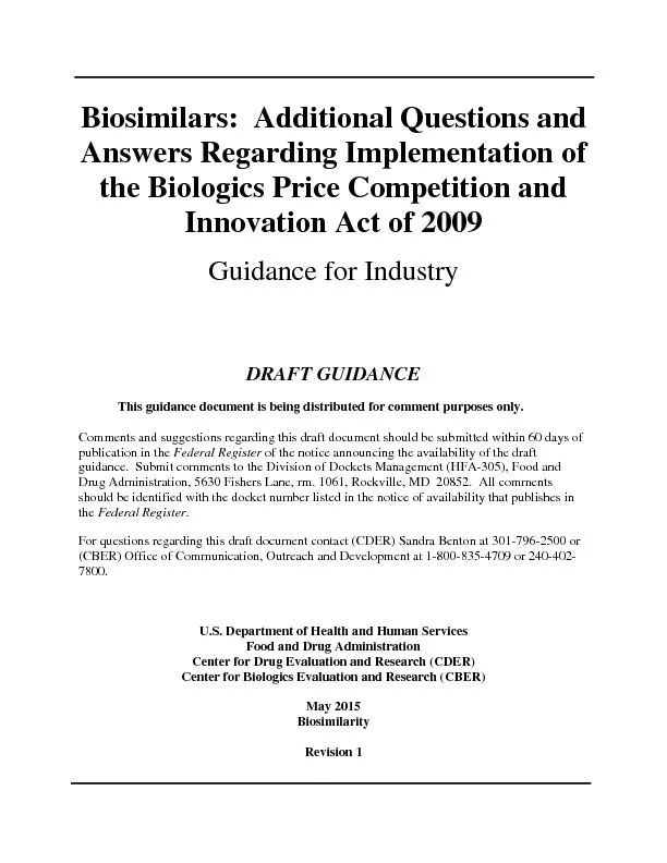 Biosimilars:  Additional Questions and Answers Regarding Implementatio
