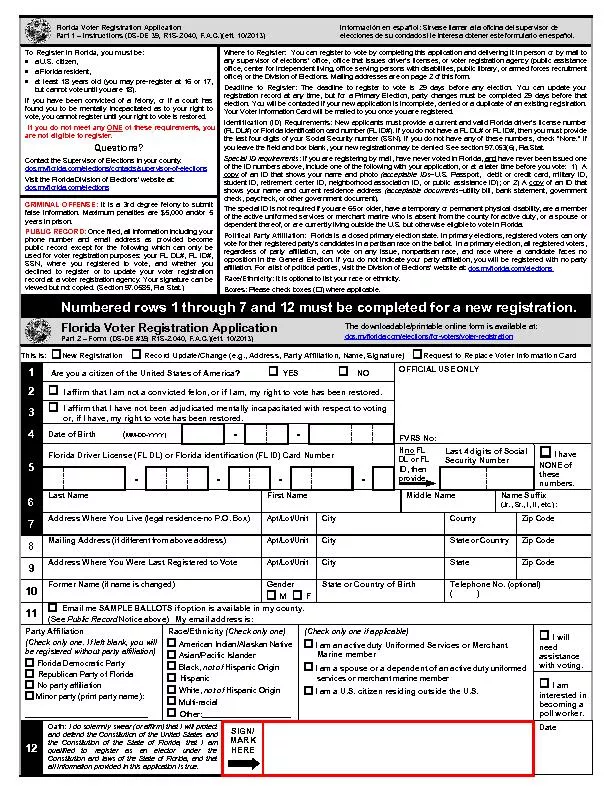 Florida Voter Registration Application  Part 1 – Instructions (DS