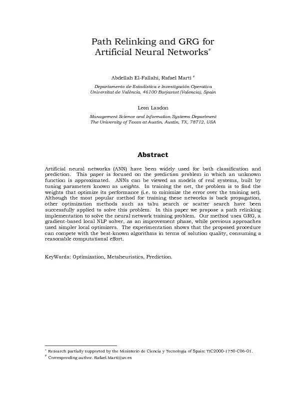 Path Relinking and GRG for  Artificial Neural NetworksAbdellah El-Fall