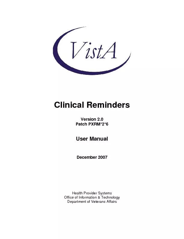 Clinical Reminders  Version 2.0 Patch PXRM*2*6   User Manual   Decembe