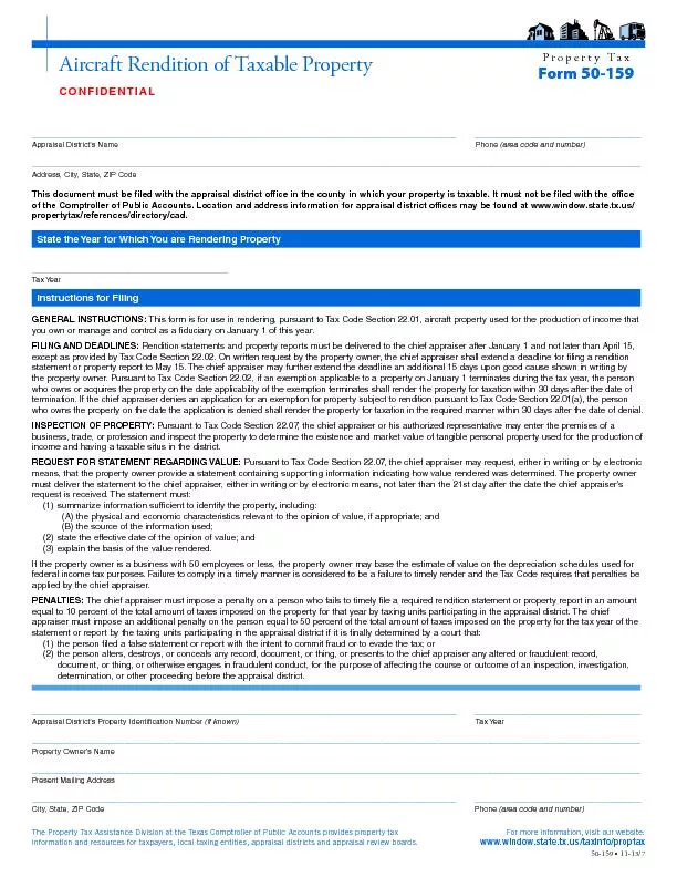 Property TaxForm 50-159Aircraft Rendition of Taxable PropertyCONFIDENT