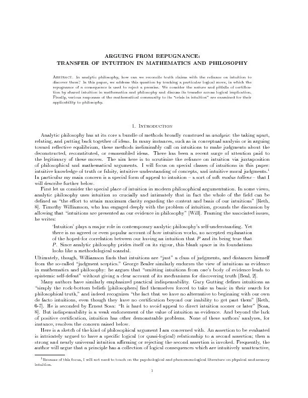 ARGUINGFROMREPUGNANCE:TRANSFEROFINTUITIONINMATHEMATICSANDPHILOSOPHYAbs