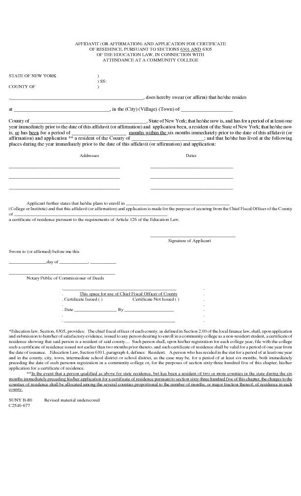 AFFIDAVIT (OR AFFIRMATION) AND APPLICATION FOR CERTIFICATE OF RESIDENC