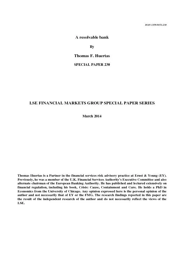 ISSN 1359915130A resolvable bankBy Thomas F. HuertasSPECIAL PAPER LSE