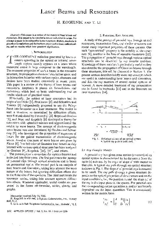 Laser Beams and ResonatorsH. KOGELNIK AND T. LIAbstract-This paper is