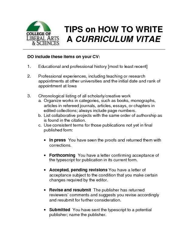 TIPS on HOW TO WRITE   A CURRICULUM VITAE   DO include these items on