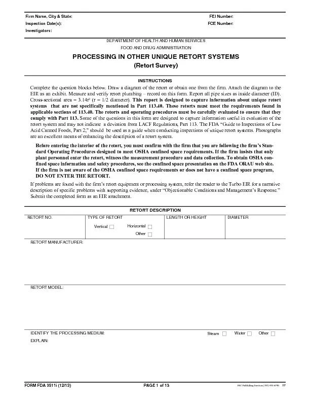 FORM FDA 3511i (12/13)PAGE 1 of 13Firm Name, City & State:Inspection D