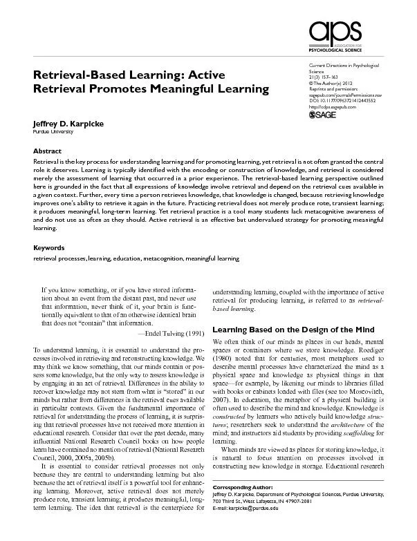 Retrieval-Based LearningGrimaldi, P. J., & Karpicke, J. D. (in press).