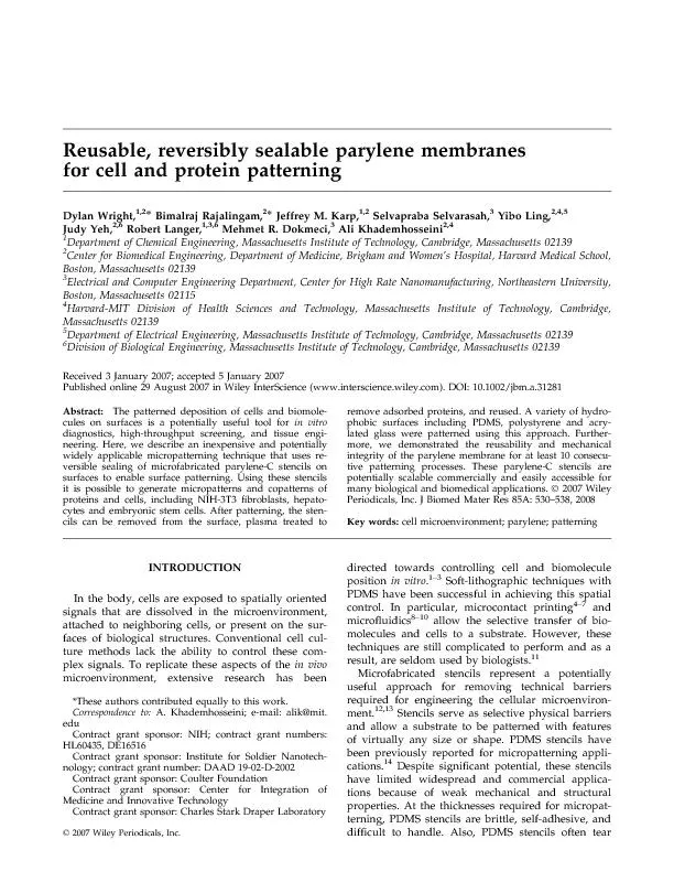 Reusable,reversiblysealableparylenemembranesforcellandproteinpatternin