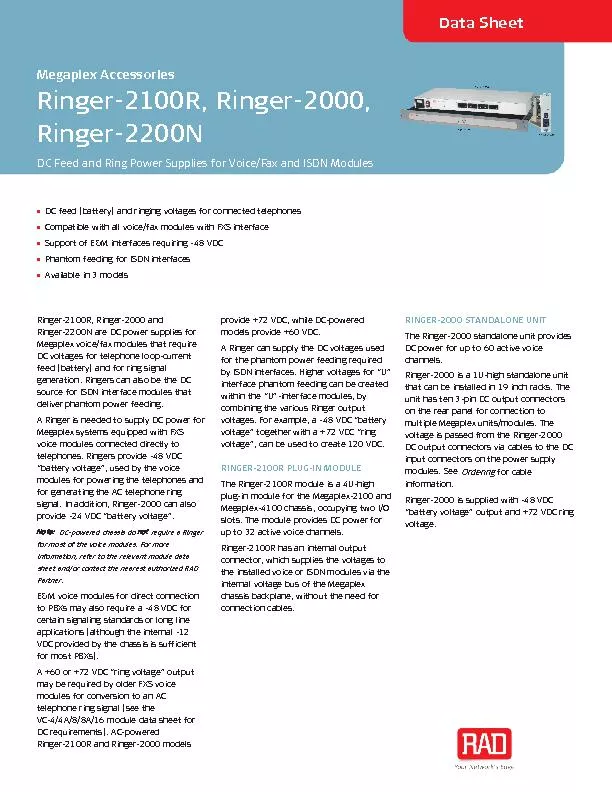 Megaplex AccessoriesRinger2100R, RingerRinger2200NDC Feed and Ring Pow