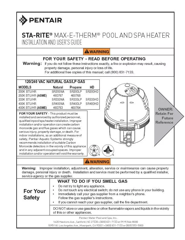 P/N S794 Rev. H  8-11-14             MAX-E-THERM Pool and Spa Heater I