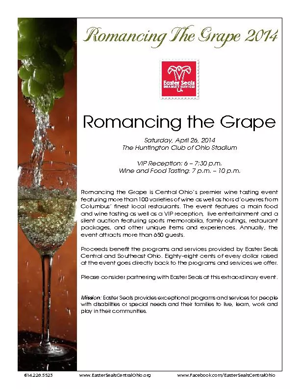 Saturday, April 26, 2014Wine and Food TastingRomancing the Grape is Ce