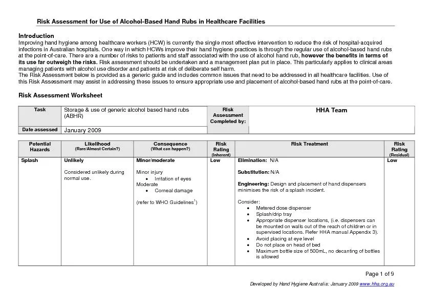 Risk Assessment for Use of Alcohol-Based Hand Rubs in Healthcare Facil