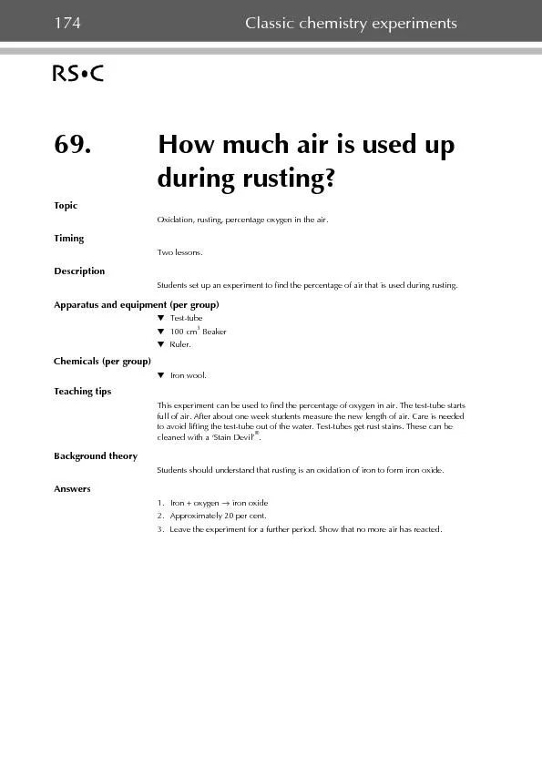 69.How much air is used up TopicTimingTeaching tips1.Iron + oxygen 2.A