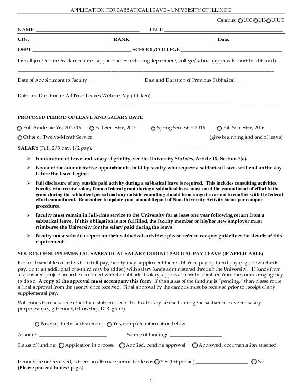 APPLICATION FOR SABBATICAL LEAVE – UNIVERSITY OF ILLINOIS