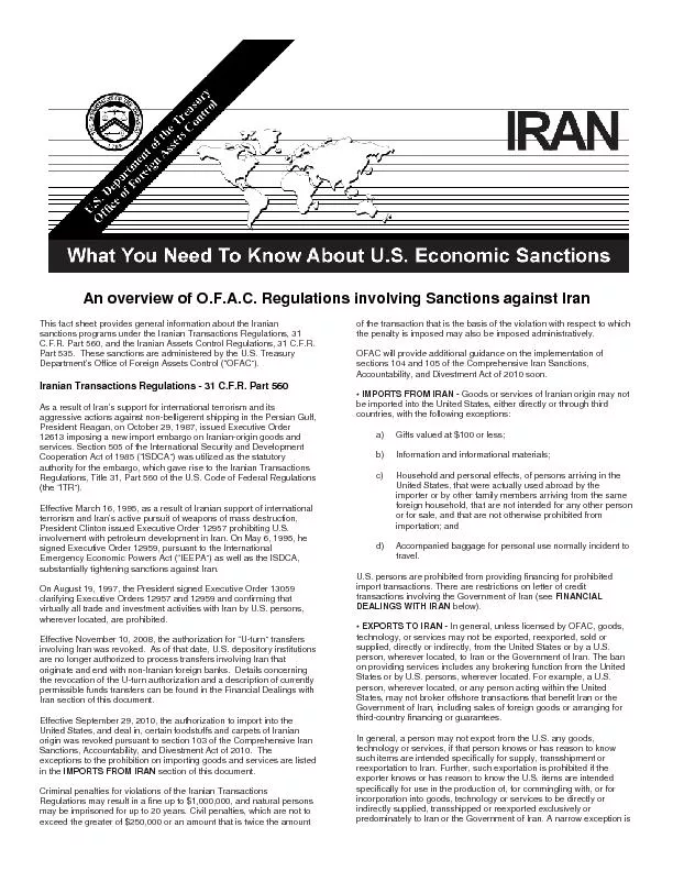 An overview of O.F.A.C. Regulations involving Sanctions against Iran a