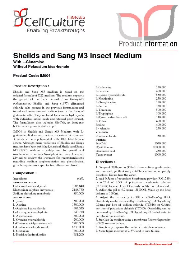 Sheilds and Sang M3 Insect MediumWith L-GlutamineWithout Potassium bic