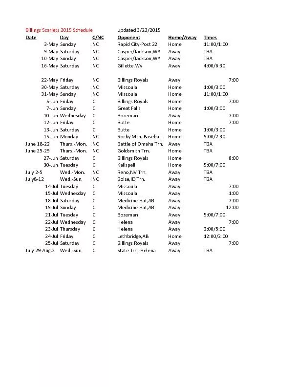 Billings Scarlets 2015 Schedule
